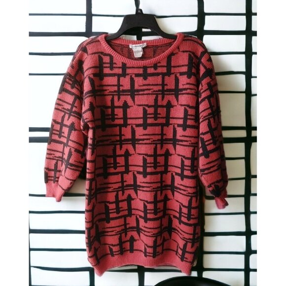 christina's Sweaters - Vintage Sweater 80s Red Black Abstract Long Retro Nostalgia Slouchy